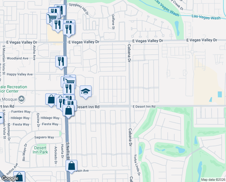 map of restaurants, bars, coffee shops, grocery stores, and more near 5300 East Desert Inn Road in Las Vegas