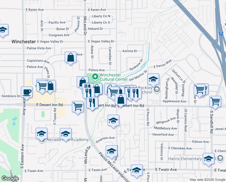 map of restaurants, bars, coffee shops, grocery stores, and more near 3201 South Mojave Road in Las Vegas