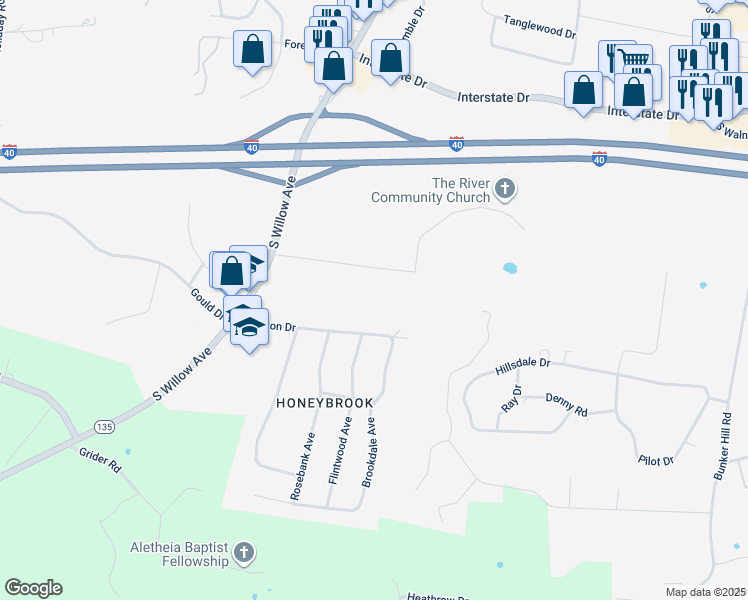 map of restaurants, bars, coffee shops, grocery stores, and more near 801 Winston Drive in Cookeville