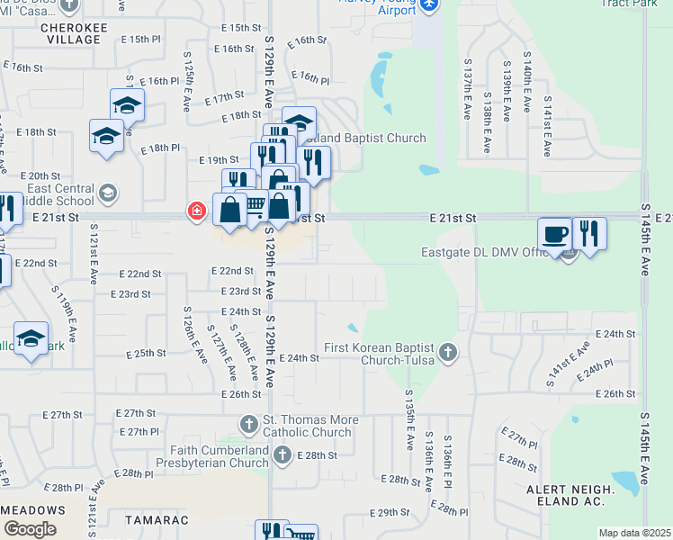 map of restaurants, bars, coffee shops, grocery stores, and more near 2135 South 130th East Avenue in Tulsa