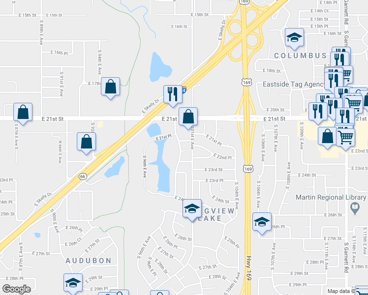map of restaurants, bars, coffee shops, grocery stores, and more near 9919 East 21st Place in Tulsa