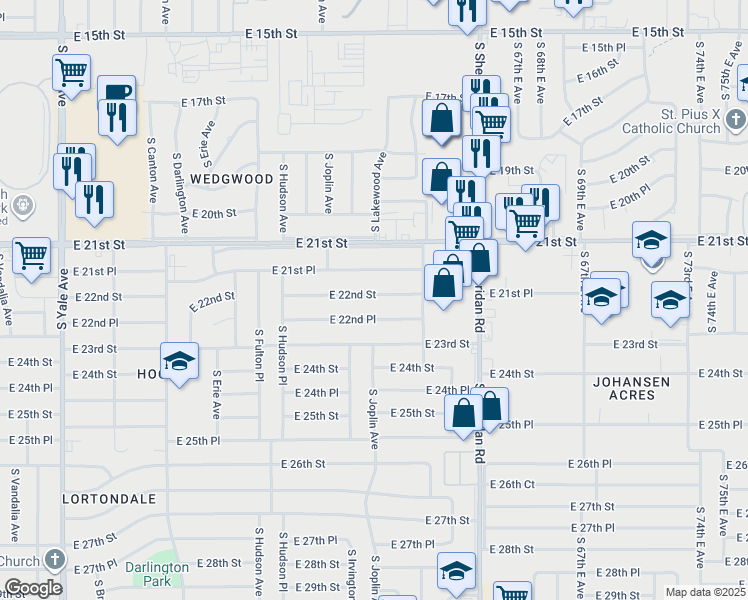 map of restaurants, bars, coffee shops, grocery stores, and more near 5856 East 21st Place in Tulsa
