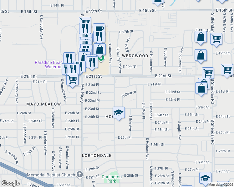 map of restaurants, bars, coffee shops, grocery stores, and more near 5316 East 21st Place in Tulsa