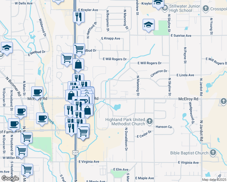 map of restaurants, bars, coffee shops, grocery stores, and more near 917 North Sunnybrook Court in Stillwater