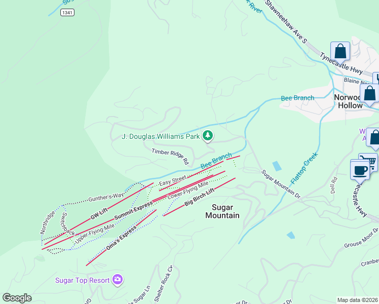map of restaurants, bars, coffee shops, grocery stores, and more near 315 Timber Ridge Road in Sugar Mountain