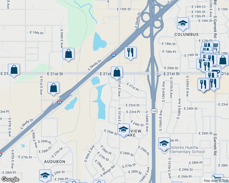 map of restaurants, bars, coffee shops, grocery stores, and more near 9919 East 21st Place in Tulsa