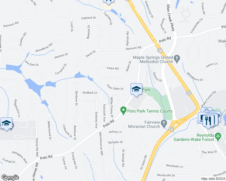map of restaurants, bars, coffee shops, grocery stores, and more near 719 Polo Oaks Drive in Winston-Salem
