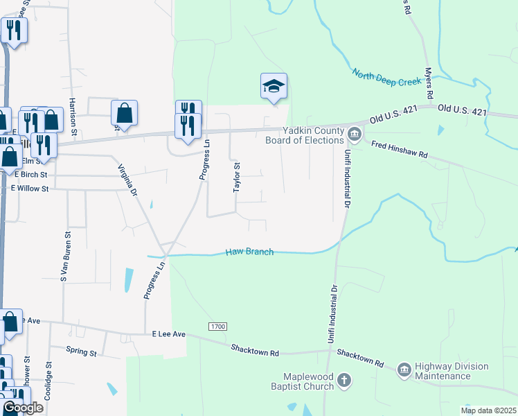 map of restaurants, bars, coffee shops, grocery stores, and more near 609 Alan Drive in Yadkinville