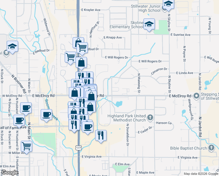 map of restaurants, bars, coffee shops, grocery stores, and more near 914 North Burdick Street in Stillwater