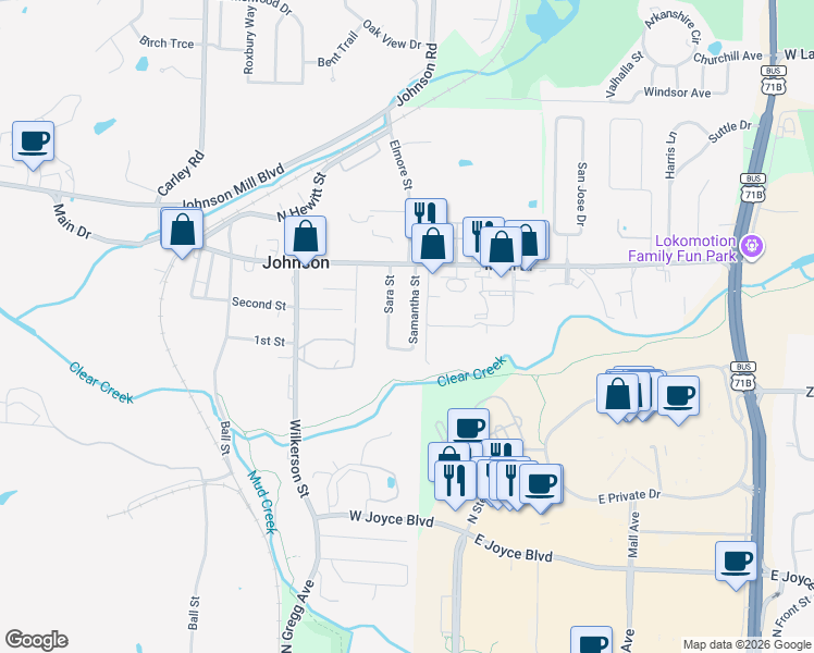 map of restaurants, bars, coffee shops, grocery stores, and more near 5805 Samantha Street in Fayetteville