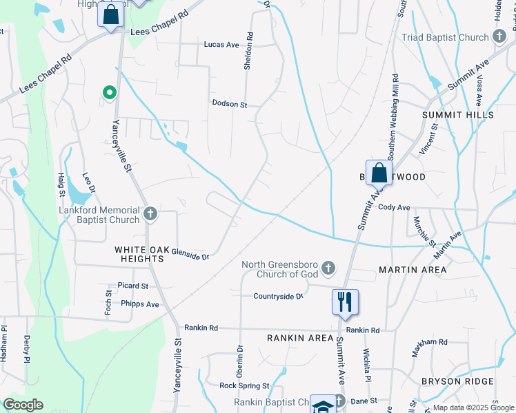 map of restaurants, bars, coffee shops, grocery stores, and more near 1700 Glenside Drive in Greensboro