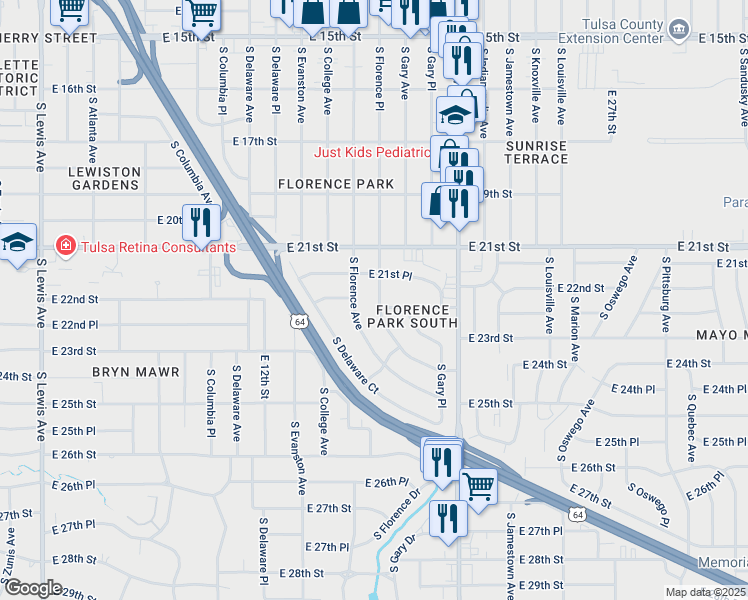 map of restaurants, bars, coffee shops, grocery stores, and more near 2152 South Florence Place in Tulsa