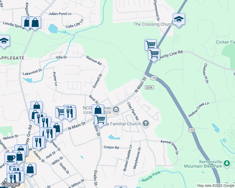 map of restaurants, bars, coffee shops, grocery stores, and more near 138 Humberside Drive in Kernersville
