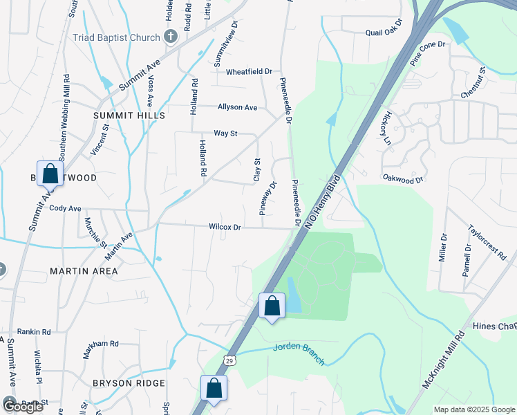 map of restaurants, bars, coffee shops, grocery stores, and more near 3801 Pineway Drive in Greensboro