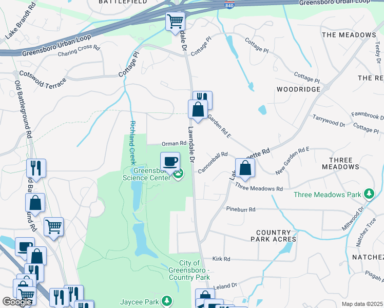 map of restaurants, bars, coffee shops, grocery stores, and more near 4301 Lawndale Drive in Greensboro