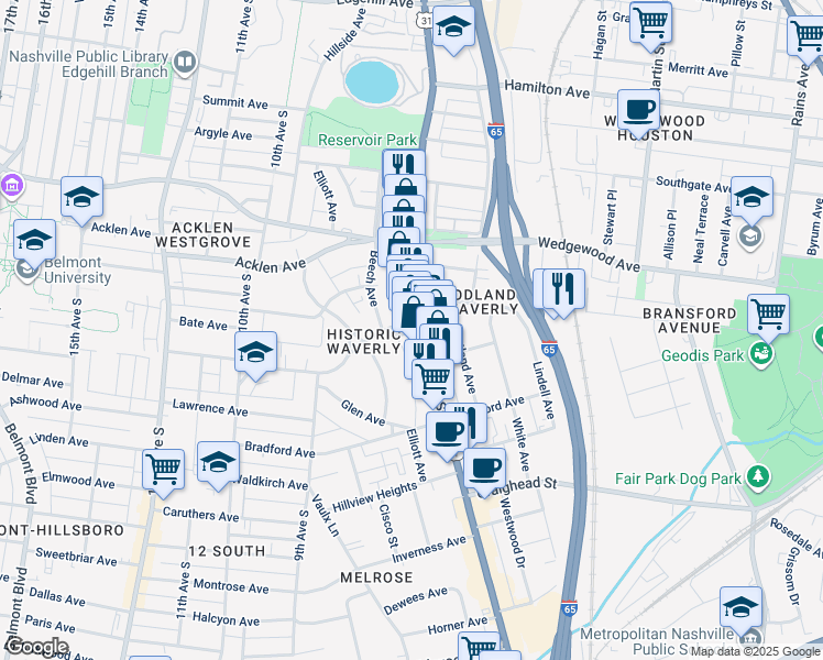 map of restaurants, bars, coffee shops, grocery stores, and more near 2033 8th Avenue South in Nashville