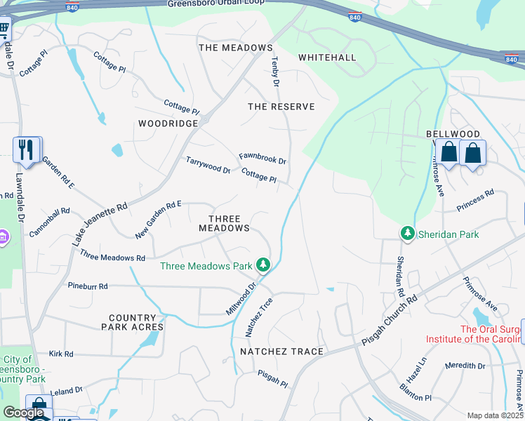 map of restaurants, bars, coffee shops, grocery stores, and more near 11 Windcrush Court in Greensboro