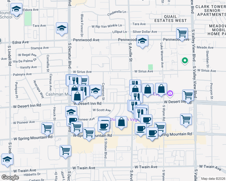 map of restaurants, bars, coffee shops, grocery stores, and more near 4530 Sparky Drive in Las Vegas