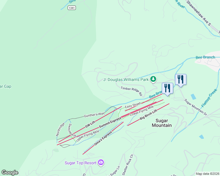 map of restaurants, bars, coffee shops, grocery stores, and more near 151-281 Timber Ridge Road in Sugar Mountain