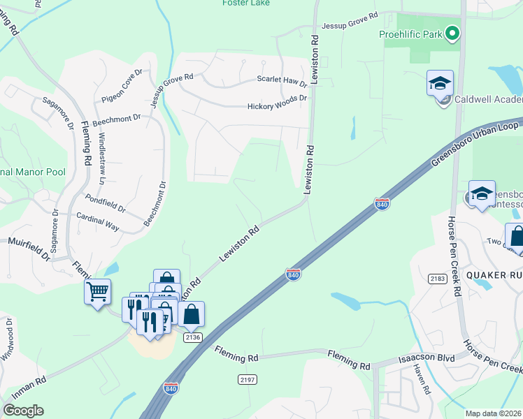 map of restaurants, bars, coffee shops, grocery stores, and more near 3557 Lewiston Road in Greensboro