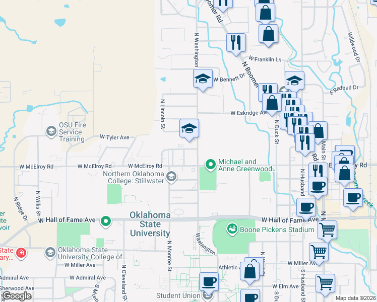 map of restaurants, bars, coffee shops, grocery stores, and more near 902 North Washington Street in Stillwater