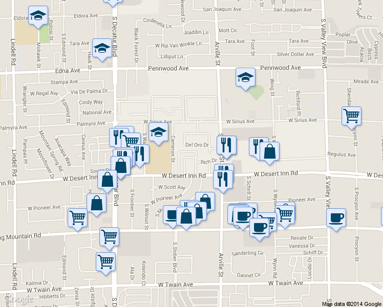 map of restaurants, bars, coffee shops, grocery stores, and more near 4515 Del Oro Drive in Las Vegas