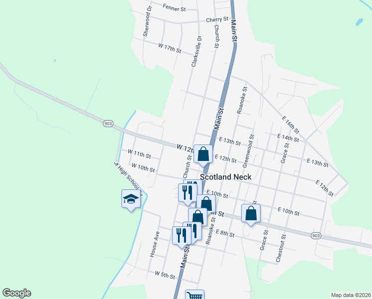 map of restaurants, bars, coffee shops, grocery stores, and more near 219 W 12th St in Scotland Neck