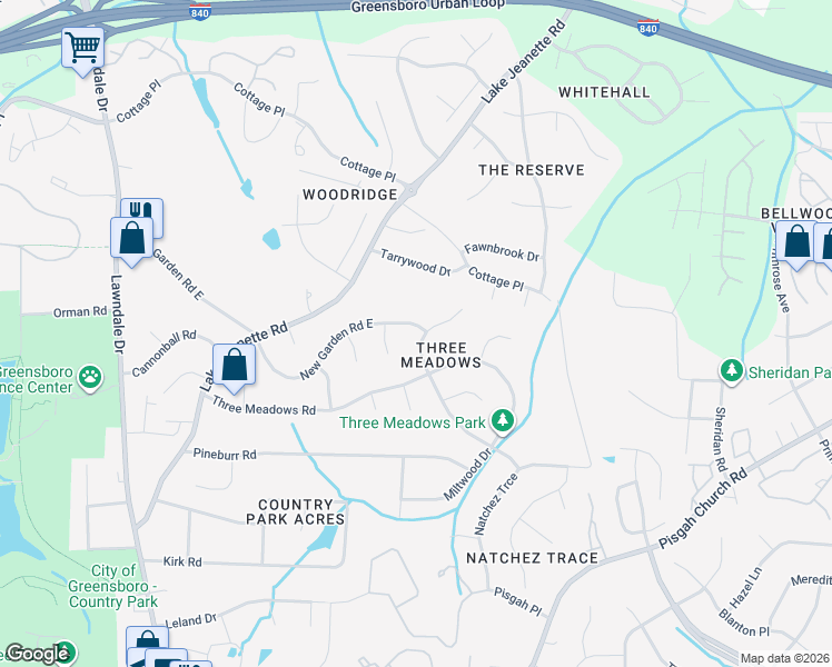 map of restaurants, bars, coffee shops, grocery stores, and more near 2909 New Garden Road East in Greensboro