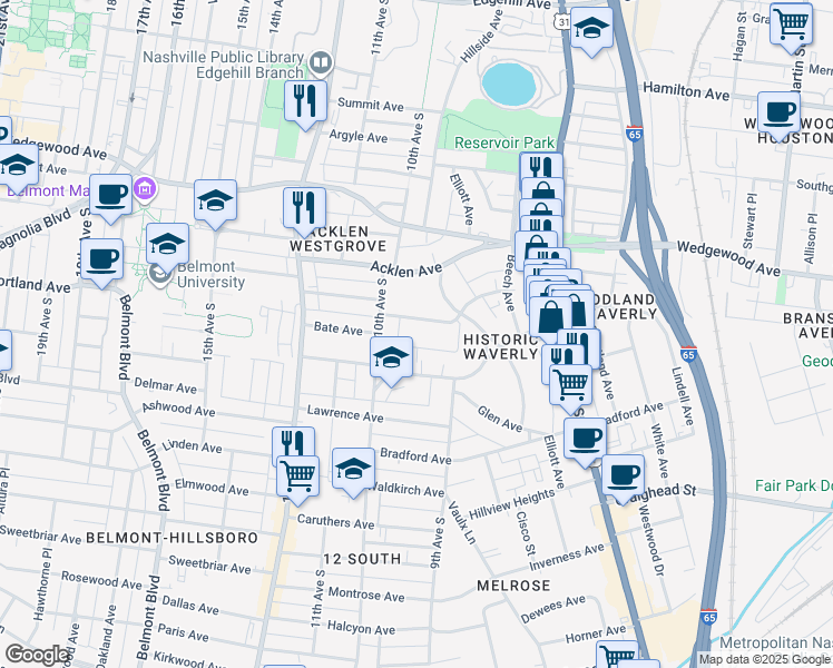 map of restaurants, bars, coffee shops, grocery stores, and more near 914 Benton Avenue in Nashville