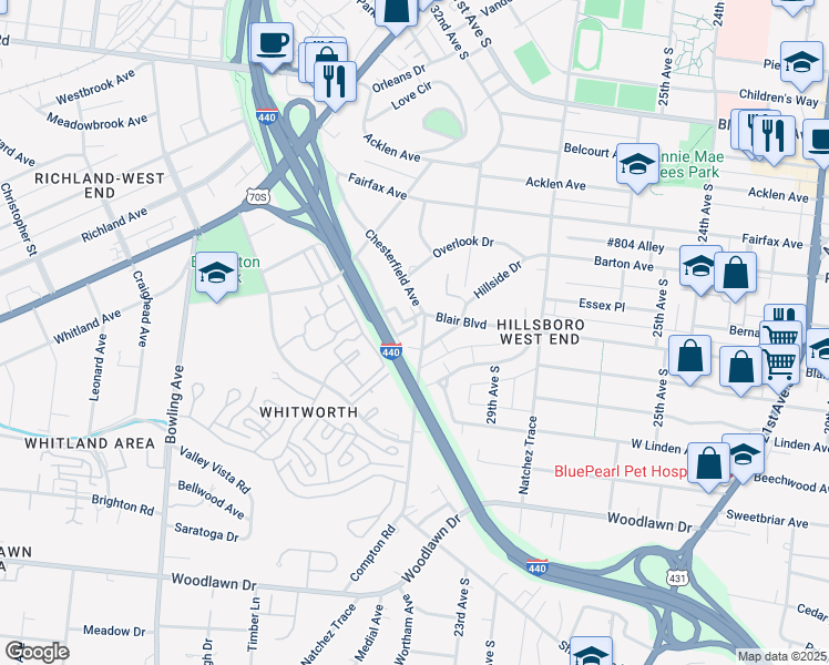 map of restaurants, bars, coffee shops, grocery stores, and more near 618 Chesterfield Way in Nashville