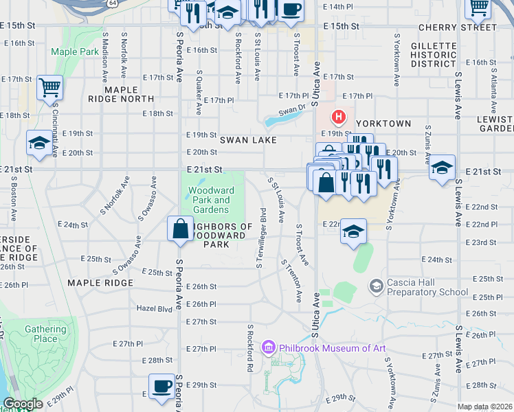 map of restaurants, bars, coffee shops, grocery stores, and more near 2221 South Rockford Avenue in Tulsa