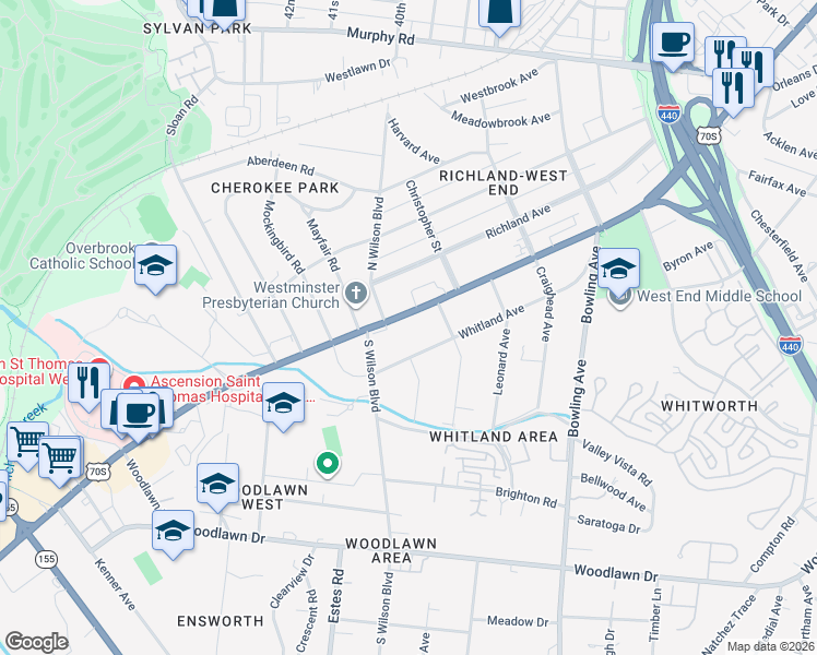 map of restaurants, bars, coffee shops, grocery stores, and more near 3821 West End Avenue in Nashville