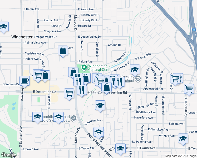 map of restaurants, bars, coffee shops, grocery stores, and more near 3201 South Mojave Road in Las Vegas