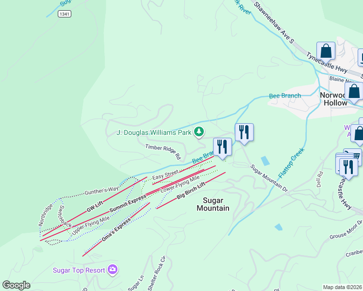 map of restaurants, bars, coffee shops, grocery stores, and more near 1796 Sugar Mountain Drive in Newland
