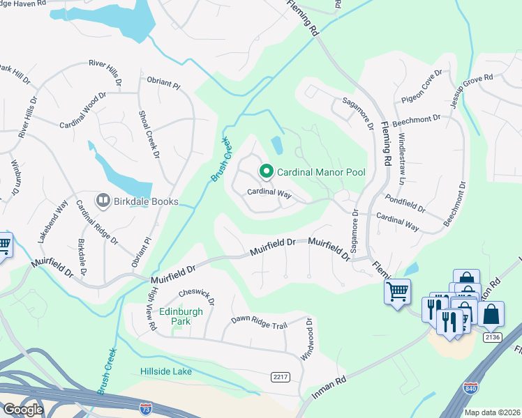 map of restaurants, bars, coffee shops, grocery stores, and more near 5843 Cardinal Way in Greensboro