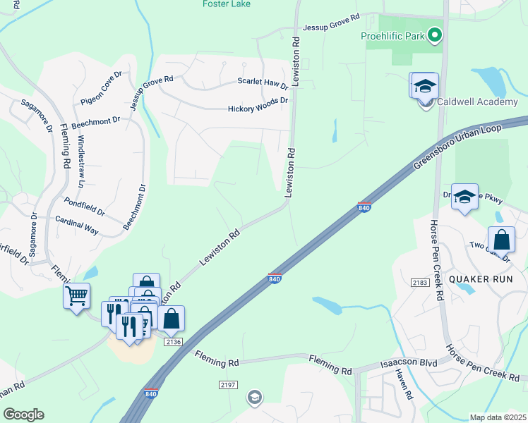 map of restaurants, bars, coffee shops, grocery stores, and more near 3600 Bridleton Ridge Trail in Greensboro