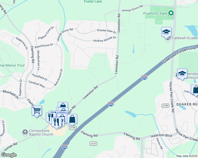 map of restaurants, bars, coffee shops, grocery stores, and more near 3557 Lewiston Road in Greensboro