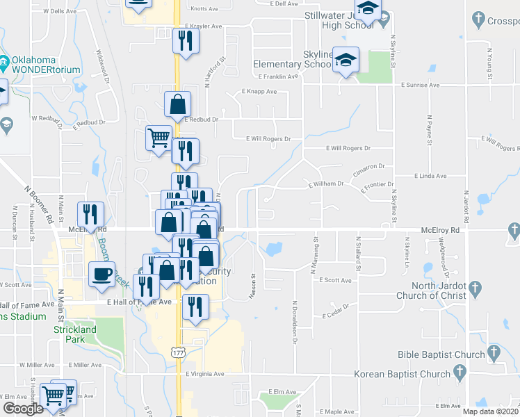 map of restaurants, bars, coffee shops, grocery stores, and more near 817 North Burdick Street in Stillwater