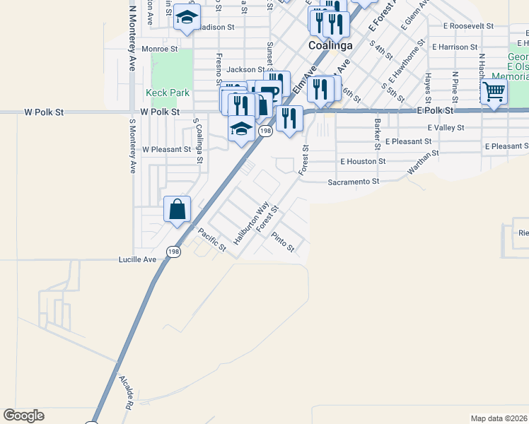 map of restaurants, bars, coffee shops, grocery stores, and more near 625 Haliburton Way in Coalinga