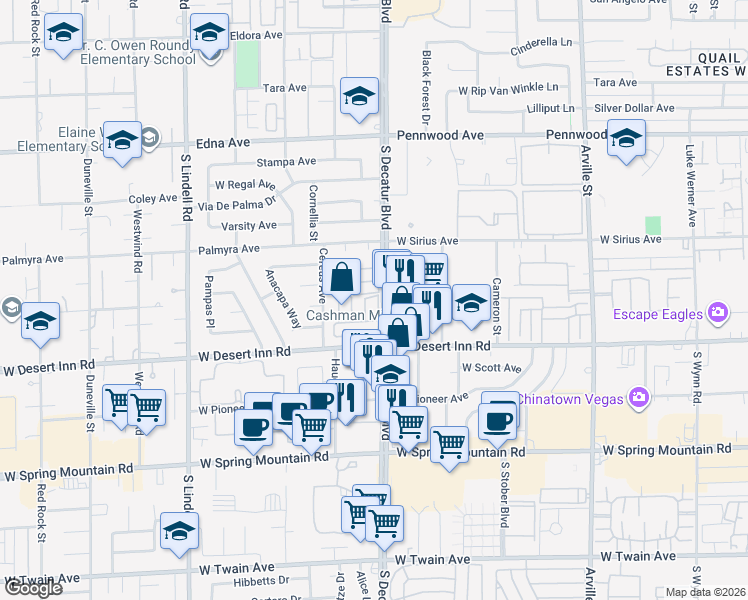 map of restaurants, bars, coffee shops, grocery stores, and more near 3217 Symphony Drive in Las Vegas