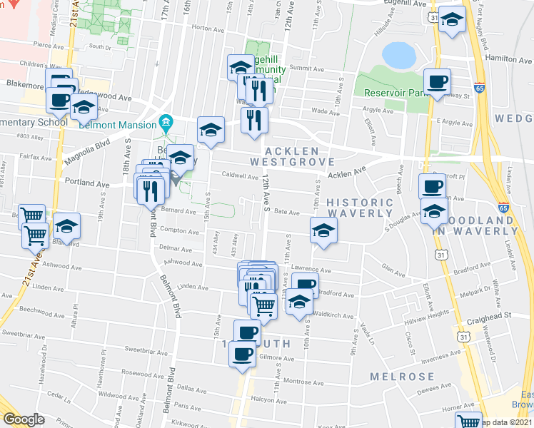 map of restaurants, bars, coffee shops, grocery stores, and more near 2017 12th Avenue South in Nashville
