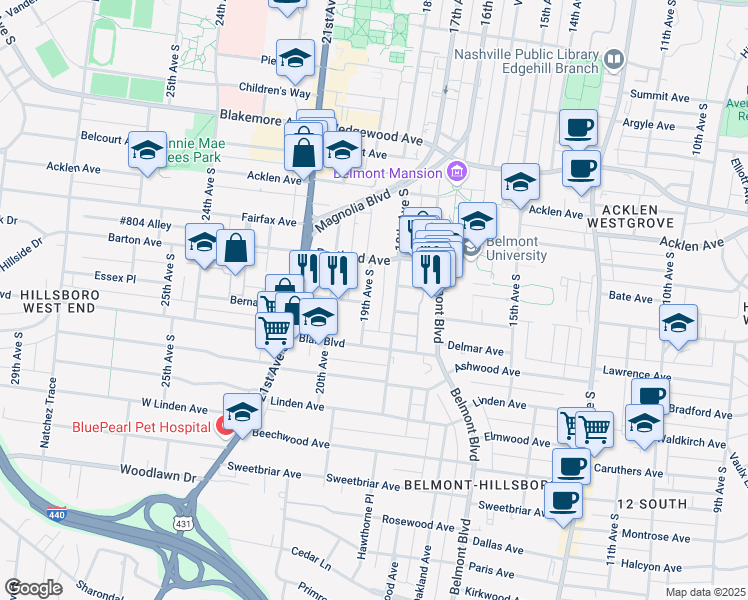 map of restaurants, bars, coffee shops, grocery stores, and more near 2106 19th Avenue South in Nashville