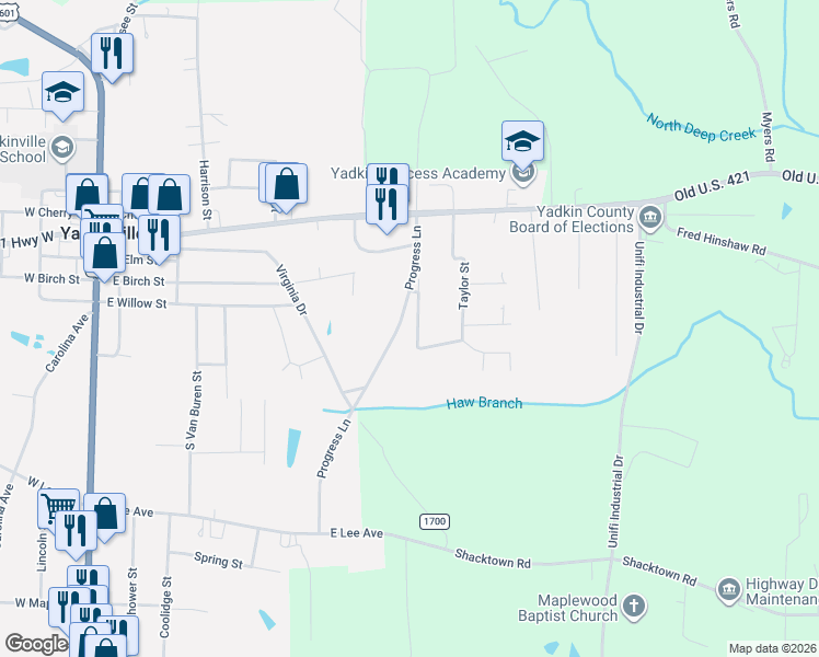 map of restaurants, bars, coffee shops, grocery stores, and more near 150 Taylor Street in Yadkinville