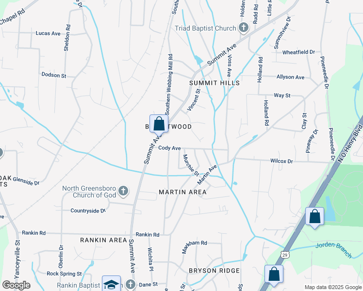 map of restaurants, bars, coffee shops, grocery stores, and more near 1625 Cody Avenue in Greensboro
