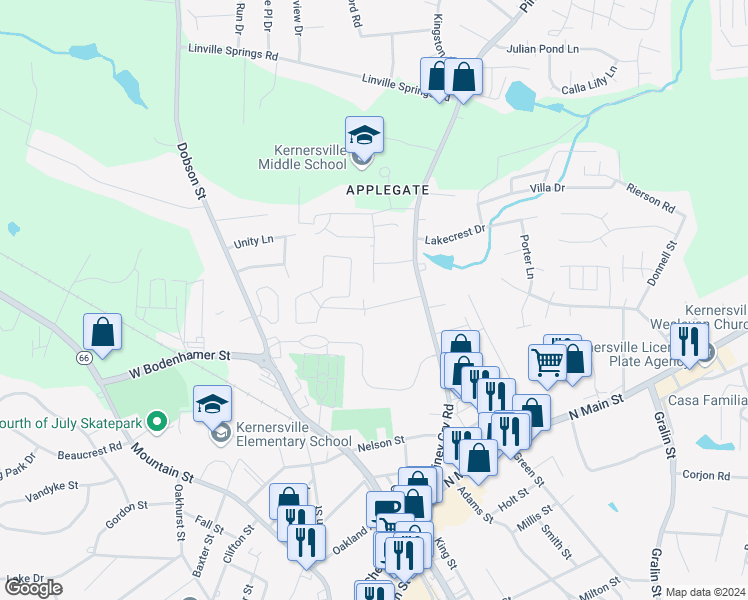 map of restaurants, bars, coffee shops, grocery stores, and more near 618 Farmwood Drive in Kernersville