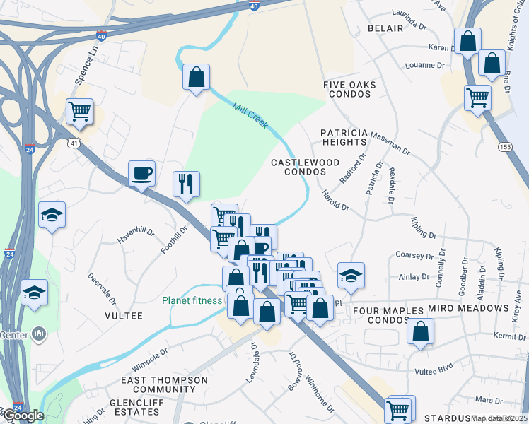 map of restaurants, bars, coffee shops, grocery stores, and more near 120 Millwood Drive in Nashville