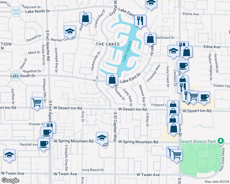 map of restaurants, bars, coffee shops, grocery stores, and more near 3225 Shoreline Drive in Las Vegas