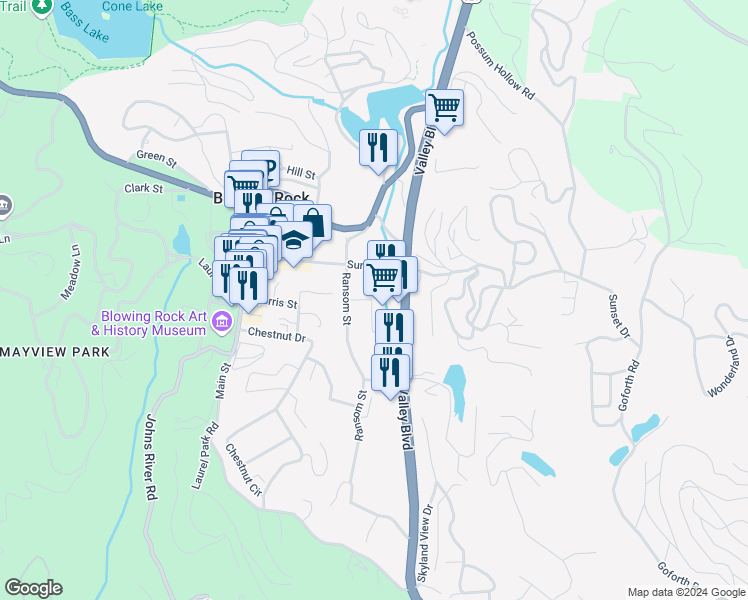 map of restaurants, bars, coffee shops, grocery stores, and more near 291 Ransom Street in Blowing Rock