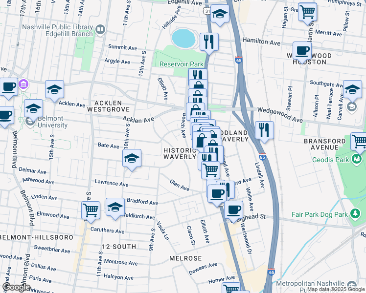 map of restaurants, bars, coffee shops, grocery stores, and more near 2023 Beech Avenue in Nashville