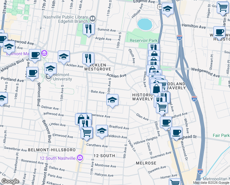 map of restaurants, bars, coffee shops, grocery stores, and more near 2018 10th Avenue South in Nashville
